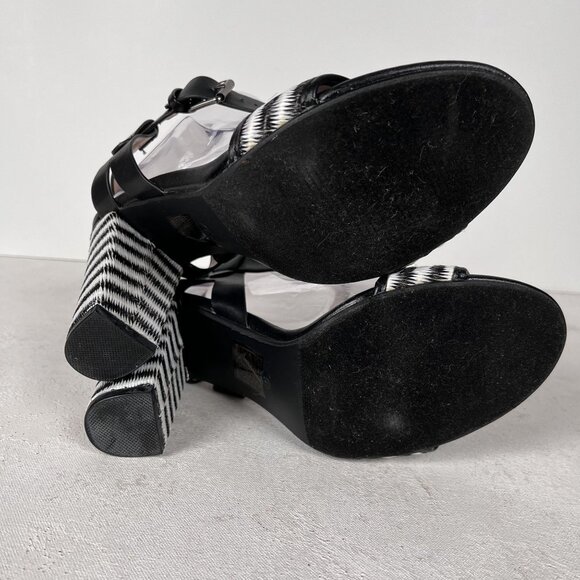 MODERN RUSH Black/White Striped Block Heel Ankle Strap Heels Sz 9 - Picture 5 of 8